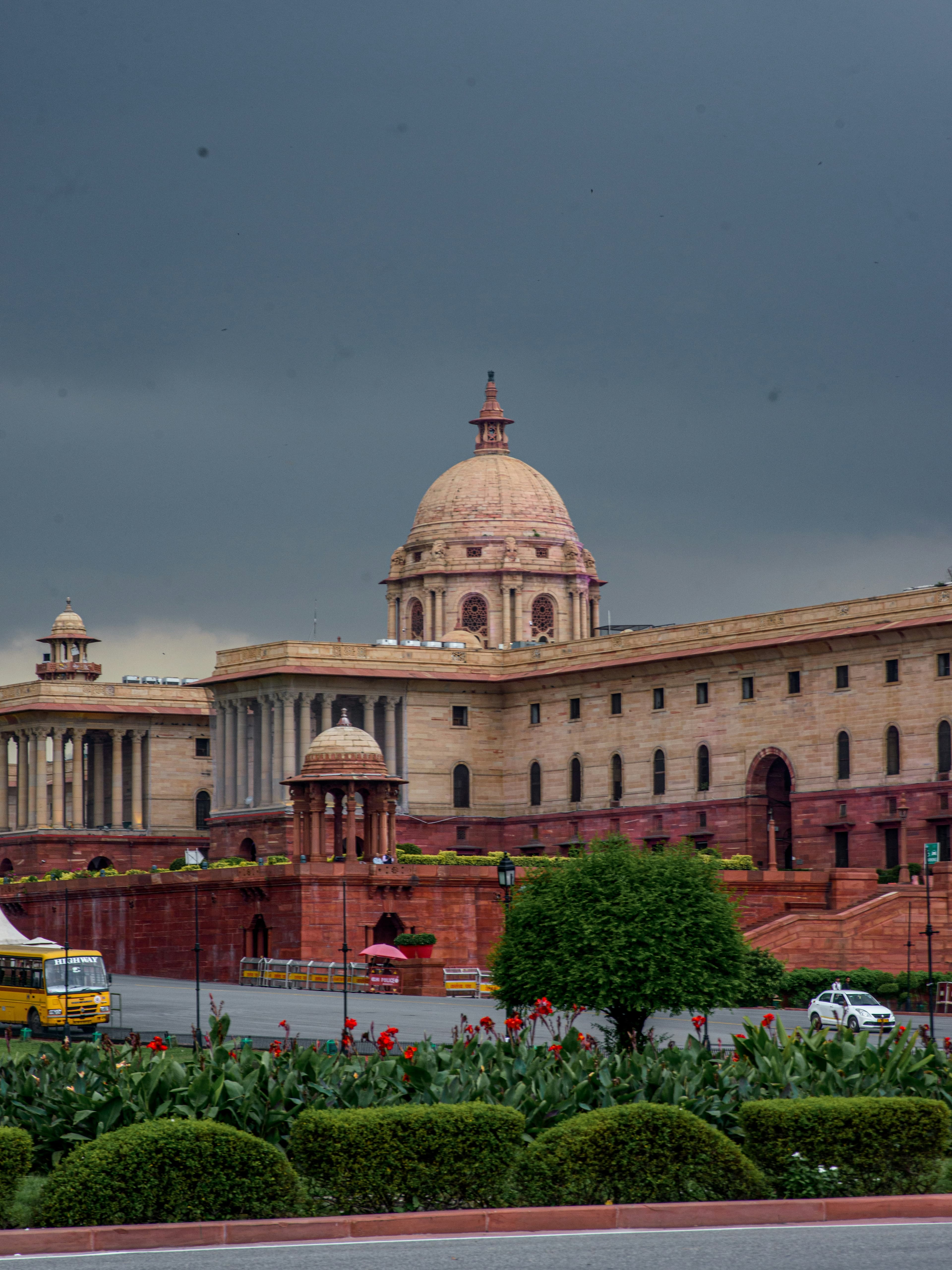 Government building entrance with security infrastructure and controlled-access points