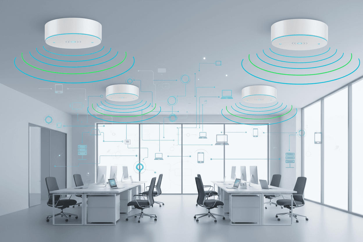 Wi-Fi: Access points placed based on RF survey data, not guesswork — with SSID segmentation and QoS for staff, guests, and IoT